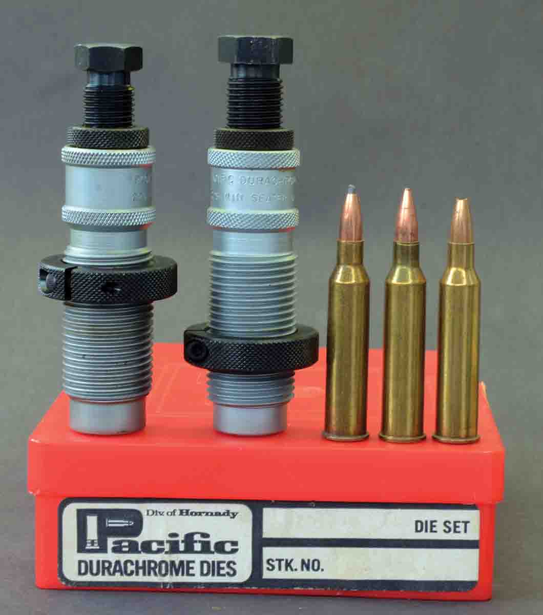 This set of Pacific dies was bought when purchasing three “blowout special” Model 70s in .225 Winchester at a gun show in 1968.